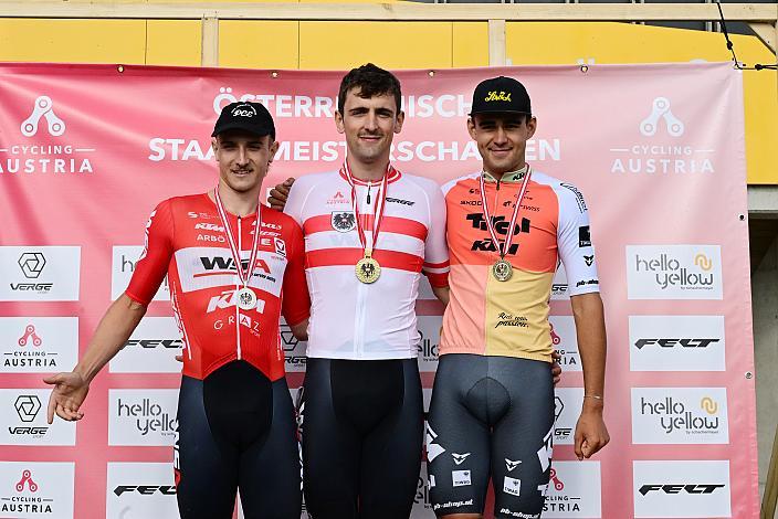 v.l. 2. Platz Franz Josef Lässer (AUT, WSA KTM Graz), Sieger Maximilian Schmidbauer (AUT, WSA KTM Graz), 3. Platz Tim Wafler (AUT, Tirol Cycling Team),  Staatsmeister Omnium , Hello Yellow Velodrom Linz, Rad Bahnstaatsmeisterschaft 2025