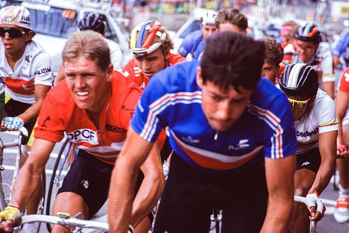 v.l. Johnny Weltz (DEN), Felice Puttini (SUI), Jean-Francois Bernard (FRA), Herren Profi Rennen, Strasse WM Stuttgart, 1991