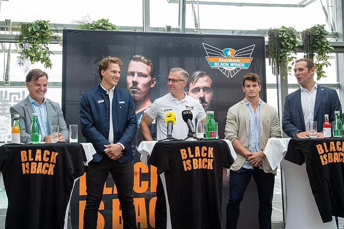 vl. Präsident Peter Nader (Steinbach Black Wings Linz), Brian Lebler (Steinbach Black Wings Linz), Head Coach Dan Ceman (Steinbach Black Wings Linz), Emilio Romig (Steinbach Black Wings Linz), Manager Gregor Baumgartner (Steinbach Black Wings Linz), Pressekonferenz, Steinbach Black Wings Linz, Bet at Home ICE League 