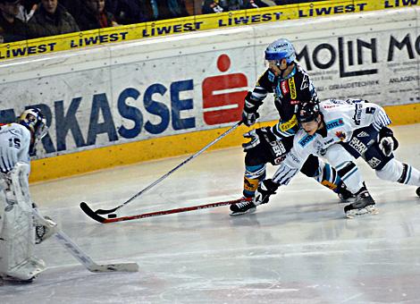 #44 Cam Severson, Stuermer, Liwest Black Wings Linz im Duell um den Puck mit der #5 Guntis Galvins, Alba Volan Szekesfehervar.