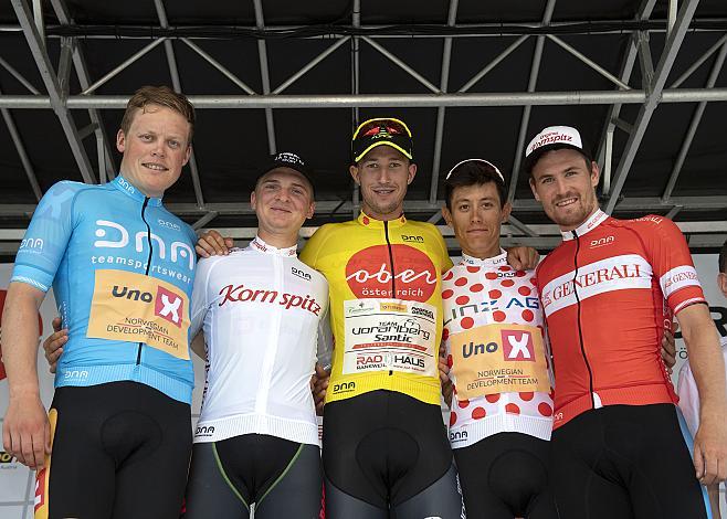 Die TrikottrÃ¤ger Anders Skaarseth (NOR, Uno-X Norwegian Development Team), Jaka Primozic (SLO, KK Kranj), Jannik Steimle (GER, Team Vorarlberg Santic) , Torstein Traaen (NOR, Uno-X Norwegian Development Team), Stephan Rabitsch (AUT, Team Felbermayr Simplon Wels). Etappe Traun - Ternberg, Radsport 10. Int. OOE Rundfahrt