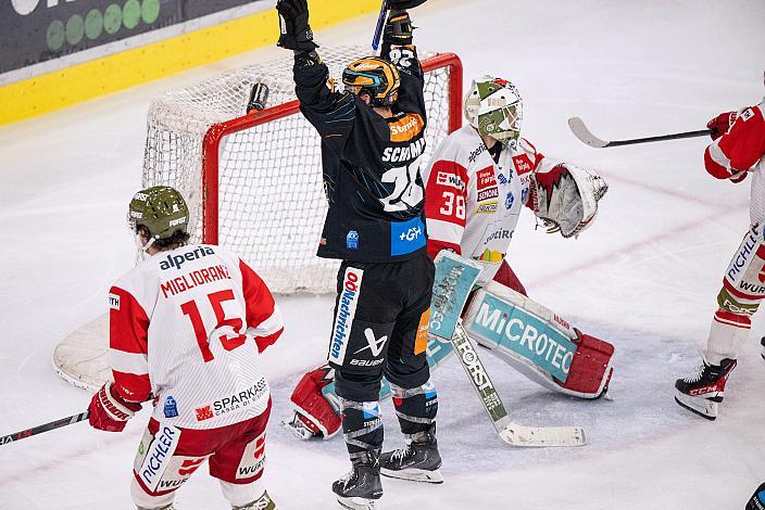 Martin Schumnig (Steinbach Black Wings Linz), Graham Knott (Steinbach Black Wings Linz), feiert den Siegtreffer Steinbach Black Wings Linz vs HCB Südtirol Alperia, Viertelfinale, 6. Runde ICE Hockey League, Linz AG Eisarena