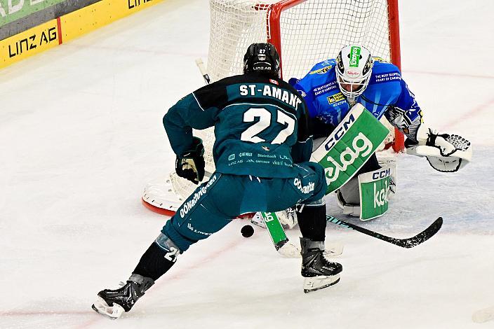 Shawn St.Amant (Steinbach Black Wings Linz), Tormann Rene Swette (EC iDM Wärmepumpen VSV), Testspiel Steinbach Black Wings Linz vs EC VSV, Linz AG Eisarena 
