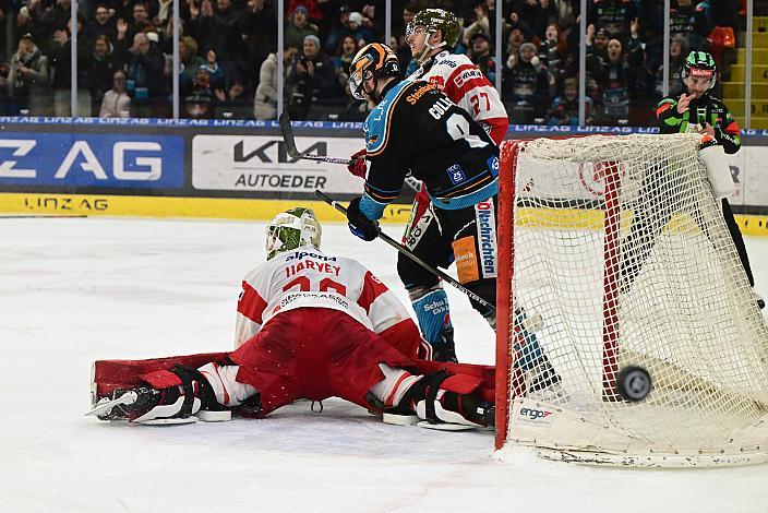 Tor 1 zu 0 für Linz, Sean Collins (Steinbach Black Wings Linz), Tormann Samuel Harvey (HCB Suedtirol Alperia), Win2Day ICE Hockey League,  Steinbach Black Wings Linz vs HCB Suedtirol Alperia ,  Linz AG Eisarena 