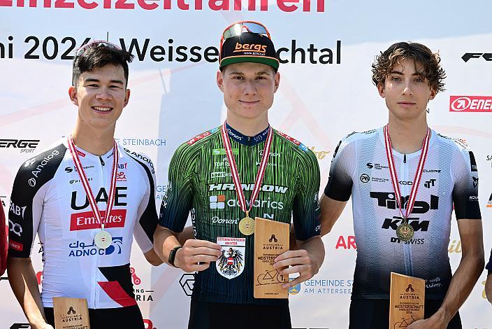 Podest U23, 2. Platz Heimo Fugger (AUT, UAE Team Emirates - Gen Z), Valentin Poschacher (AUT, Hrinkow Advarics), Paul Viehböck (AUT, Tirol KTM Cycling Team),  Österreich Staatsmeisterschaft, Einzel - Zeitfahren, ÖSTM EZF Weißenbachtal - OÖ