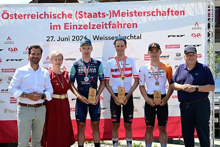 Mario Rossmann (Präsident Cycling Upper Austria, Oberösterreich), Nicole Eder BGM Steinbach am Attersee, 2. Platz Rainer Kepplinger (AUT, Bahrain - Victorious), Felix Grossschartner (AUT, UAE Team Emirates - XRG), 3. Platz Adrian Stieger (AUT, Schwingshandl Intralogistics), Österreich Staatsmeisterschaft, Einzel - Zeitfahren, ÖSTM EZF Weißenbachtal - OÖ