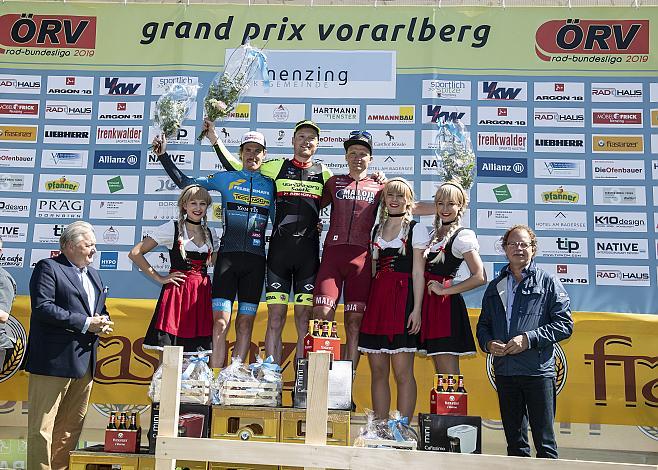 Das Siegerpodest v.l. 2. Platz Stephan Rabitsch (AUT, Team Felbermayr Simplon Wels),  Sieger Colin Chris StÃ¼ssi (SUI, Team Vorarlberg Santic), Helmut Trettwer (GER, Maloja Pushbikers), Radbundesliga 2019, Nenzing