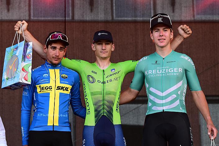 Etappensieger David Adam (SLO, Slowenien), 2. Platz  Elias Wändel (SWE, JEGG-SKIL-DJR), 3. Platz Daniel Kuben (CZE, Roman Kreuziger Cycling Academy) 1. Etappe,  51. Int. Oberösterreich Junioren Rundfahrt, Marchtrenk - Marchtrenk