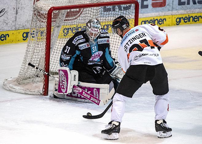 Tormann David Kickert (EHC Liwest Black Wings Linz), Oliver Setzinger (Moser Medical Graz 99ers) Spiel 6, EHC Liwest Black Wings Linz - Graz 99ers, Play Offs, Viertelfinale