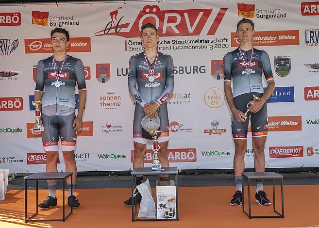 Podest U23, 2. Platz Maximilian Veraszto (AUT, Tirol Cycling Team), Sieger Tobias Bayer (Aut, Tirol Cycling Team) , 3. Platz Marco Friedrich (AUT, Tirol KTM Cycling Team)  ÖSTM Einzelzeitfahren,  Lutzmannsburg, Österreichische Staatsmeisterschaft U23, Elite Damen und Herren