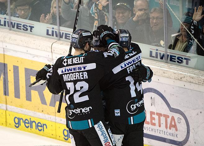 Linz feiert das 2 zu 0 duch David Franz, EHC Liwest Black Wings Linz vs Fehervar AV 19