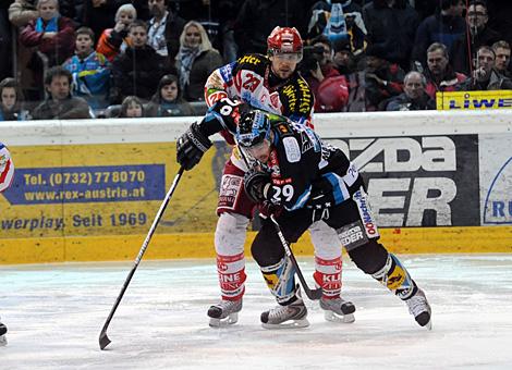 #29 Markus Matthiasson, Stuermer, Liwest Black Wings Linz, im Duell mit der # 29 Christoph Brandner, Stuermer, KAC.