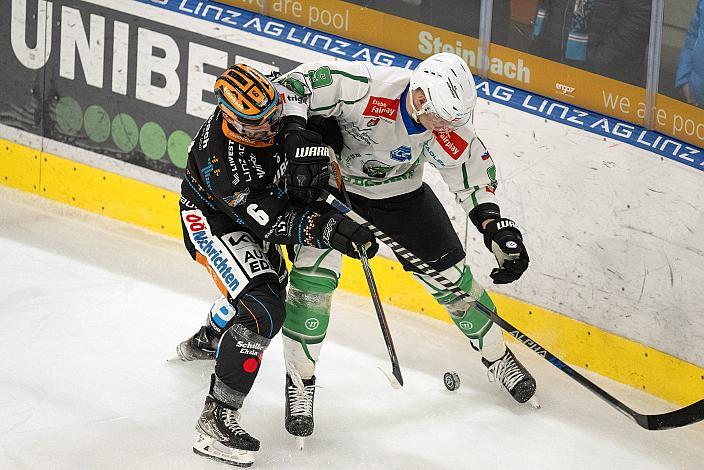 Alexander Lahoda (Steinbach Black Wings Linz), Kristjan Cepon (HK SZ Olimpija)  Steinbach Black Wings Linz vs HK SZ Olimpija, 30. Runde, Trikot Movember, ICE Hockey League, Steinbach Black Wings Linz, Linz AG Eisarena 