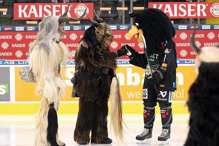 Das Steinbach Blackwings Linz Maskottchen Gonzo und Perchten aus Linz bei den Steinbach Black Wings Linz vs Moser Medical Graz 99ers, 24. Runde, ICE Hockey League, Steinbach Black Wings Linz, Linz AG Eisarena 