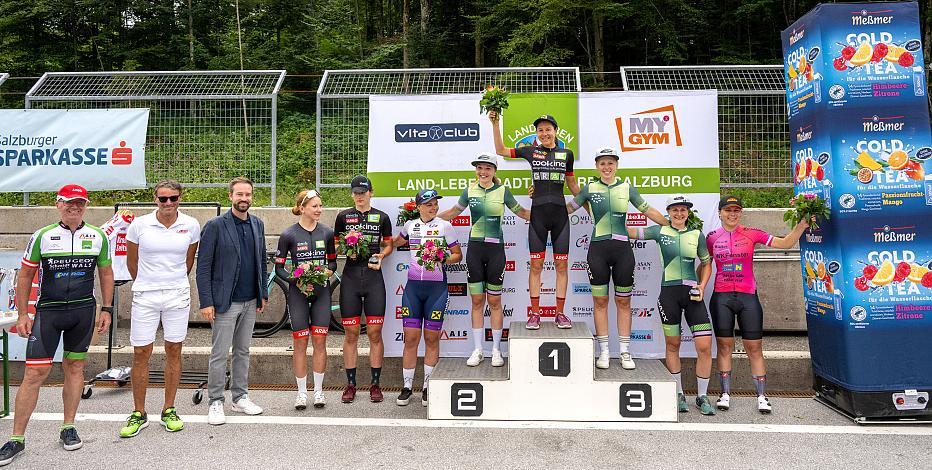 Siegerpodest, 2. Platz Katharina Fox (GER, MAXX-Solar Linding Woman Racing RG), Siegerin Anna Kiesenhofer (AUT, Team Cookina ARBÖ ASKÖ Graz RLM Stmk), 3. Platz Helena Bieber (GER, MAXX-Solar Linding Woman Racing RG),  MYGYM Race am Salzburg Ring, Zeitfahren, ÖRV RadLiga, Radsport, Radliga, ÖRV, Damen Elite, 