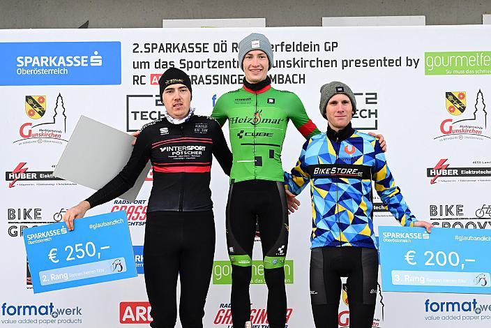 Siegerpodest. 2. Platz Jakob Reiter (AUT, Mühlviertel Biketeam), Sieger Fabian Eder (GER, Heizomat Radteam), 3. Platz Philipp Heigl (AUT, Team Bikestore)., Radquerfeldein GP um das Sportzentrum Gunskirchen, Rad Cyclo Cross,