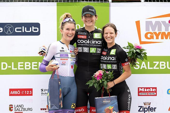 Siegerpodest, U23 2. Platz Leila Gschwentner (AUT, Union Raiffeisen Radteam Tirol), Siegerin Petra Zsanko (HUN, Team Cookina ARBÖ ASKÖ Graz RLM Stmk), 3. Sarah Bärnthaler (AUT, Team Cookina ARBÖ ASKÖ Graz RLM Stmk),  MYGYM Race am Salzburg Ring, Zeitfahren, ÖRV RadLiga, Radsport, Radliga, ÖRV, Damen Elite, 