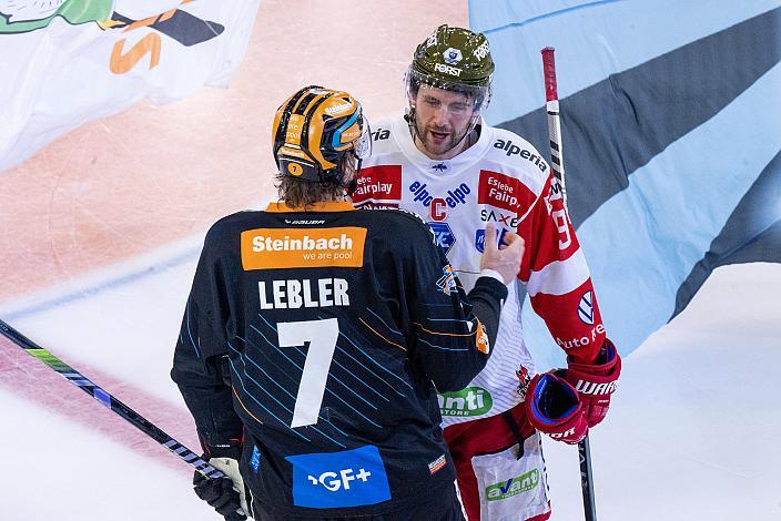 Brian Lebler (Steinbach Black Wings Linz), Daniel Frank (HCB Suedtirol Alperia) Steinbach Black Wings Linz vs HCB Südtirol Alperia, Viertelfinale, 4. Runde ICE Hockey League, Linz AG Eisarena 