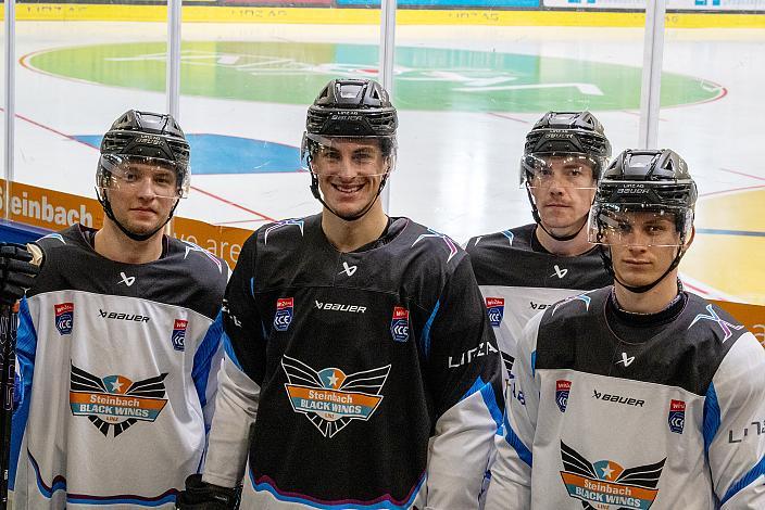 Neu im Team v.l.  Aljaz Predan (Steinbach Black Wings Linz), Tim Geifes, Ryan MacKinnon (Steinbach Black Wings Linz), Luis Lindner, Erstes Eistraining, Steinbach Black Wings Linz , Linz AG Eisarena