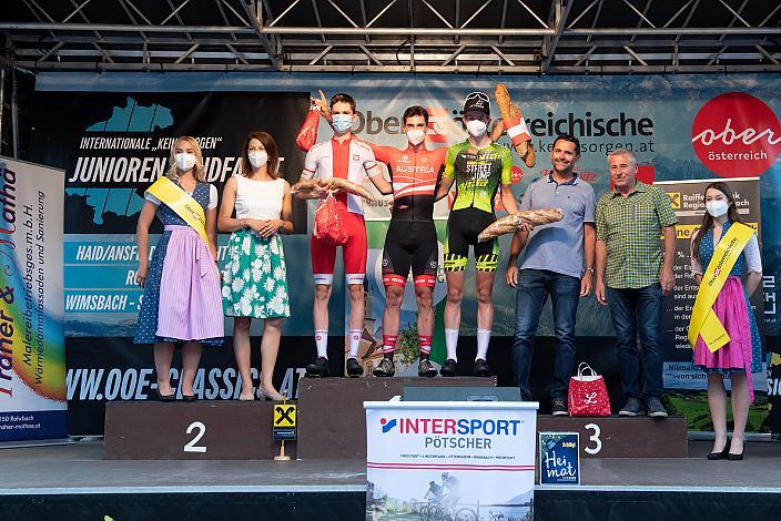 Das Siegerpodest von links. 2. Platz Mateusz  Gajudulewicz (POL, Team Polen) Sieger Leo Kerschbaumer (AUT, Team Österreich), 3. Platz Tibor Del Grosso (NED, Streetjump Development team), 46. Int. Keine Sorgen,  Junioren Rundfahrt UCI Kat. MJ 2.1, 2. Etappe Rohrbach - Rohrbach