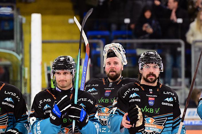 Niklas Würschl (Steinbach Black Wings), Tormann Rasmus Tirronen (Steinbach Black Wings Linz), Shawn St.Amant (Steinbach Black Wings Linz), 22. Runde ICE, Steinbach Black Wings Linz vs HK Olimpija Ljubljana, Linz AG Eisarena 