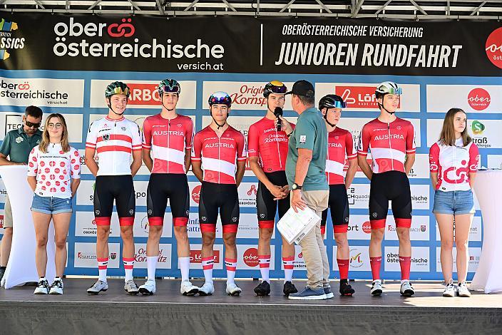 Team Österreich  mit  Maximilian Huber (AUT, Nationalteam Österreich), Manolo Wrolich (AUT, Nationalteam Österreich), Felix Rützler (AUT, Nationalteam Österreich), Ayden Jordan (AUT, Nationalteam Österreich), 3. Etappe Bad Wimsbach - Strass im Attergau, Int. Oberösterreichische Versicherung OÖ Junioren Oberösterreich Rundfahrt