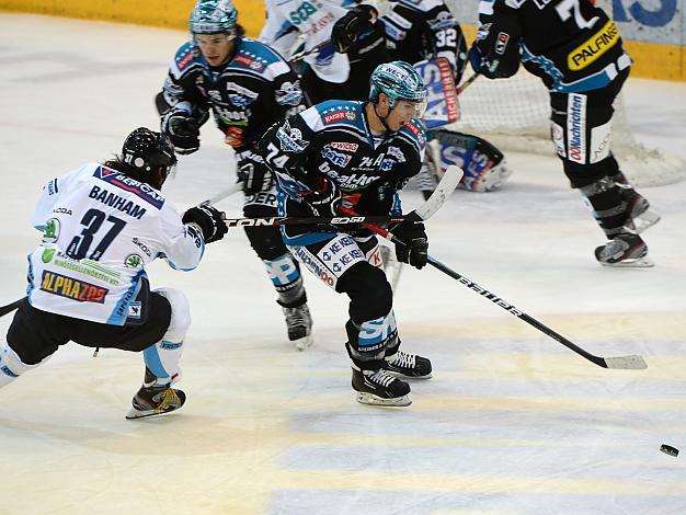 Daniel Oberkofler. Linz und Frank Banham, Szekesfehervar, EHC Liwest Black Wings Linz vs SAPA Fehervar AV19