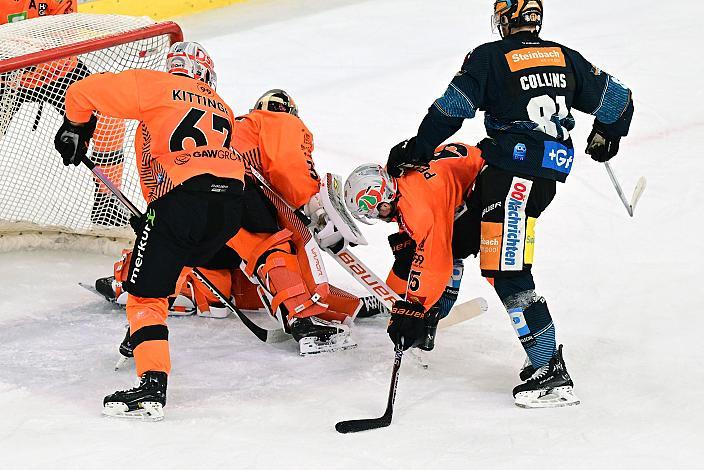 Sean Collins (Steinbach Black Wings Linz) vor Tormann Lars Volden (Graz 99ers), Patrik Kittinger (Moser Medical Graz 99ers), Jacob Pfeffer (Moser Medical Graz 99ers), Steinbach Black Wings Linz vs Moser Medical Graz 99ers , Linz AG Eisarena