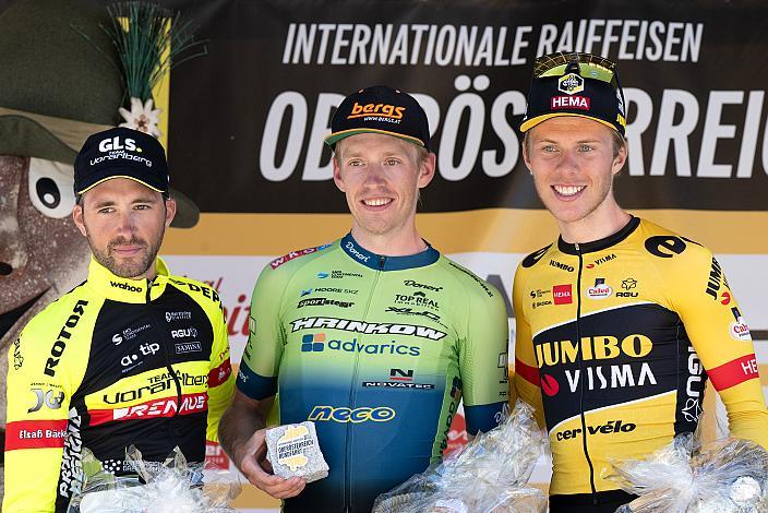 Siegerpodest Etappe und Gesamt, 2. Platz Alexis Guerin (FRA, Team Vorarlberg), Sieger Rainer Kepplinger (AUT, Hrinkow Advarics), 3. Platz Johannes Staune-Mittet (NOR, Team Jumbo-Visma)  St.Florian, Asten - Resort Hinterstoder, Höss, Int. Raiffeisen Oberösterreich Rundfahrt UCI Kat. 2.2