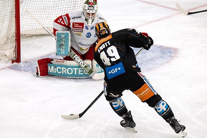 Tormann Samuel Harvey (HCB Suedtirol Alperia), Graham Knott (Steinbach Black Wings Linz) Steinbach Black Wings Linz vs HCB Südtirol Alperia, Viertelfinale, 4. Runde ICE Hockey League, Linz AG Eisarena 