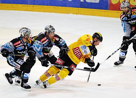 Robert Lukas und Brad Purdie Liwest Black Wings Linz vs. Benoit Gratton EV Vienna Capitals