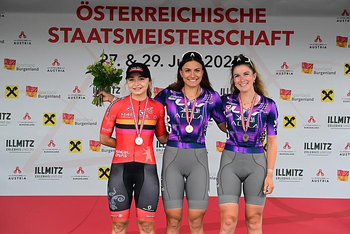 Podest U23, 2. Platz Elisa Winter (AUT, Wheel Divas Cycling Team), Tabea Huys (AUT, Liv Alula Jayco), Leila Gschwendtner (AUT, Liv-Alula-Jayco) ÖM Staatsmeisterschaft, Zeitfahren, Frauenkirchen, Burgenland