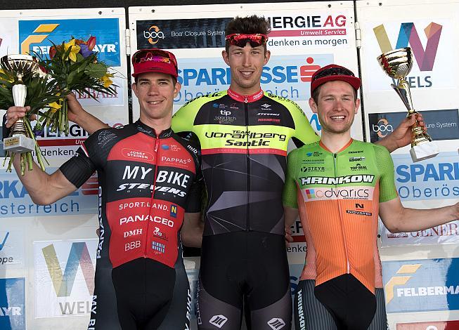 v.l. das Siegerpodest, 2. Rok Korosec (SLO, My Bike Stevens), Sieger Jannik Steimle (GER, Team Vorarlberg Santic), 3. Timon Loderer (GER, Hrinkow Advarics Cycleang) 