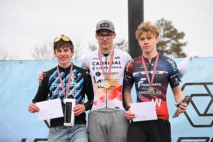 Podest Junioren 2.Platz Michael Hettegger, Sieger Valentin Hofer (AUT, Cannibal B Victorious), 3. Platz Luca Kraus, Rad Cyclo Cross, ÖSTM/ÖM Querfeldein, Ciclo Cross, Cycling Austria, Maria Enzersdorf, NÖ