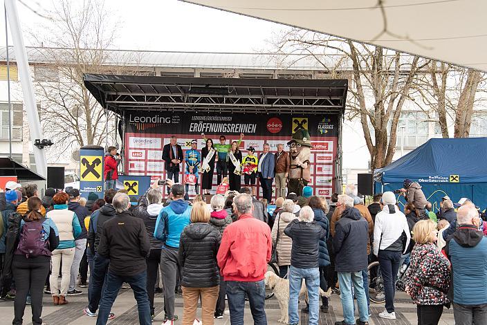 Das Podest v.l. 2. Platz Riccardo Zoidl (AUT, Team Felbermayr Simplon Wels), SiegerRiccardo Verza (ITA, Hrinkow Advarics), 3. Platz Antoine Berlin (MCO, Team Vorarlberg), Herren Elite, U23, Radliga, 62. Radsaison-Eröffnungsrennen Leonding, Oberösterreich 