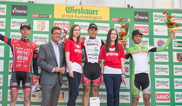 v.l. 3.Peter Kusztor, Team Amplatz, 1. Florian Gaugl, Team WSA Greenlife, Sieger 3. Clemens Fankhauser, Hrinkow Adverics Cycleang Team, 55. Burgenlandrundfahrt, Wiesbauer Top Radliga 2015