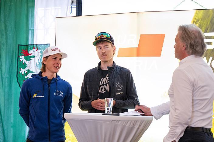 Josef Dirnbauer (AUT, Team Felbermayr Simplon Wels) , Daniel Eichinger (AUT, Hrinkow Advarics), Thomas Pupp (Tour Direktor, Tour of Austria) Pressekonferenz zur 4. Etappe der Tour of Austria, Steyr Oberösterreich