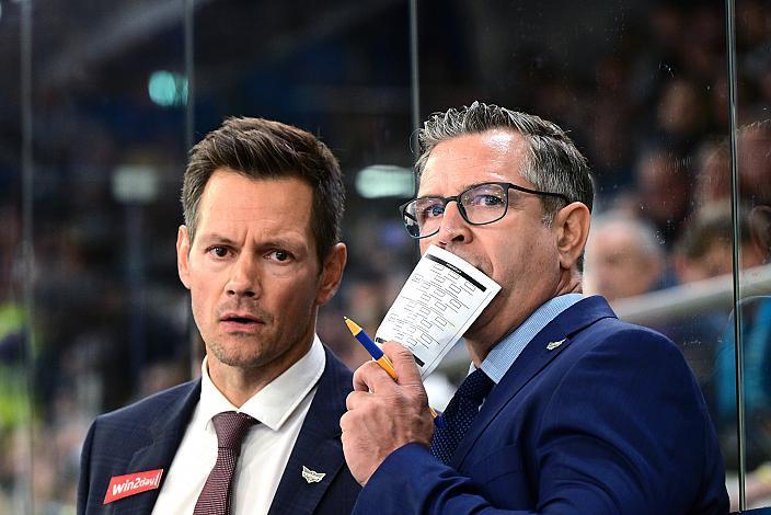 Head Coach Philipp Lukas (Steinbach Black Wings Linz), Assistent Coach Mark Szücs (Steinbach Black Wings Linz)  Win2Day ICE Hockey League,  Steinbach Black Wings Linz vs EC KAC,  Linz AG Eisarena