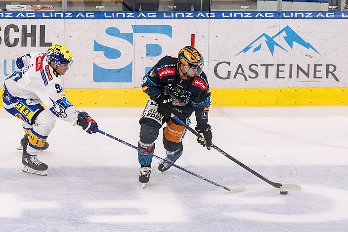 Niklas Wetzl (EC iDM Wärmepumpen VSV), Emilio Romig (Steinbach Black Wings Linz) Steinbach Black Wings Linz vs EC IDM Wärmepumpen VSV, 2. Runde ICE Eishockey Liga, Linz AG Eisarena