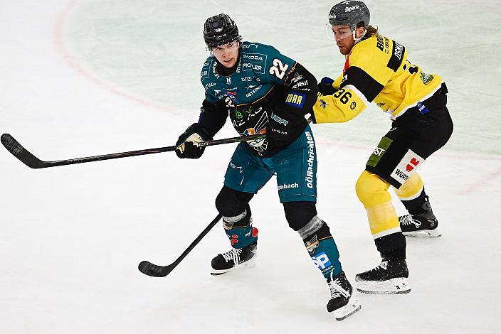 Luca Erne (Steinbach Black Wings Linz), Austin Osmanski (HC Falkensteiner Pustertal), 9. Runde ICE, Steinbach Black Wings Linz vs HC Falkensteiner Pustertal, Linz AG Eisarena 