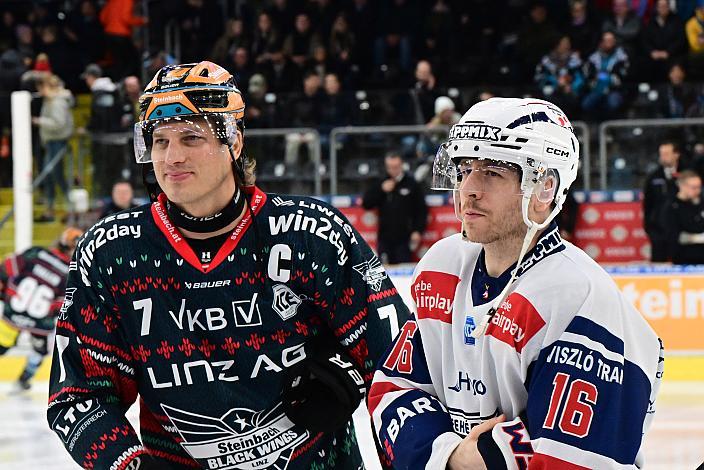 Brian Lebler (Steinbach Black Wings Linz), Janos Hari (Hydro Fehervar AV 19), Steinbach Black Wings Linz vs Hydro Fehervar AV19, Weihnachtstrikot ICE Eishockey Liga, Linz AG Eisarena