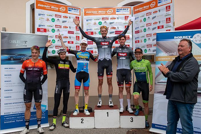 Podest v.l. 6. Platz Linus Rosner (GER, Team Rad Net Rose), 5. Roland Thalmann (SUI, Team Vorarlberg), 2. Platz Daniel Lehner (AUT, Team Felbermayr Simplon Wels), Sieger Logan McLain (USA, Tirol KTM Cycling Team), 3. Platz Felix Engelhardt (GER, Tirol KTM Cycling Team), 4. Platz Timon Loderer (GER, Hrinkow Advarics Cycleang), Ranshofen, 22. Braunauer Radsporttage, ÖRV RadLiga, Radsport, Radliga, ÖRV, Herren Elite,