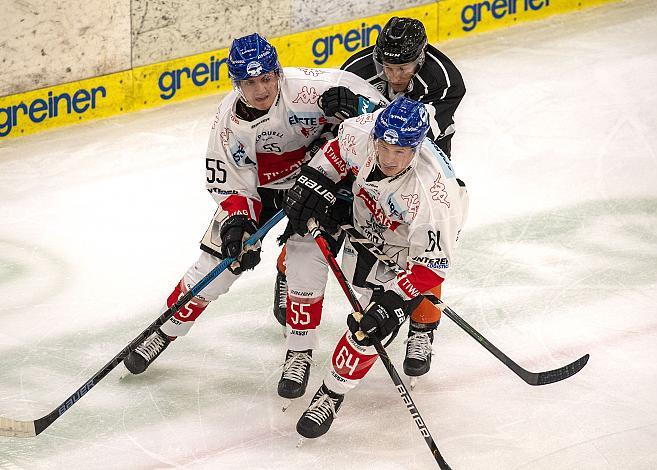 Lukas Jaunegg (HC TWK Innsbruck  Die Haie), Valentin Leiler (Black Wings 1992), Bredan Christoffer (HC TWK Innsbruck  Die Haie) Black Wings Linz vs HC Innsbruck „die Haie“,  Eishockey, Testspiel