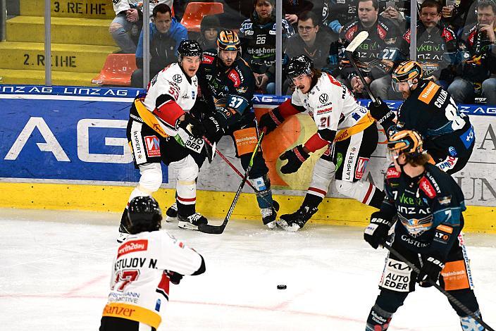 Bobbo Petersson (Bemer Pioneers Vorarlberg), Andreas Kristler (Steinbach Black Wings Linz), Michael Pastujov (Bemer Pioneers Vorarlberg), Sean Collins (Steinbach Black Wings Linz), Brian Lebler (Steinbach Black Wings Linz) Steinbach Black Wings Linz vs Bemer Pioneers Vorarlberg, Linz AG Eisarena 