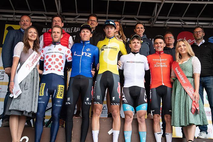 Alle Trikoträger der OÖ Tour, v.l. Daan Soete (BEL, Team Deschacht - Group Hens - Containers Maes), Timo Kielich (BEL, Alpecin-Deceuninck Development Team), Luka Vergalitto (ITA, Alpecin-Deceuninck Development Team), Davide de Cassan (ITA, Cycling Team Friuli ASD), Martin Messner (AUT, WSA KTM Graz pb Leomo), 3. Etappe St.Florian/Asten  - Hinterstoder, Int. Raiffeisen Oberösterreich Rundfahrt UCI Kat. 2.2