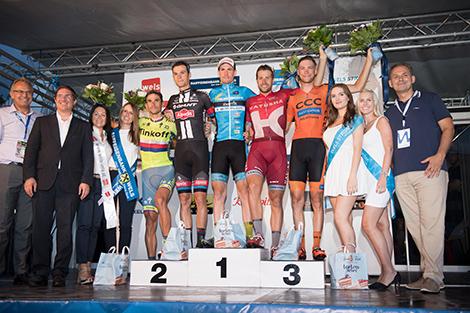 v.l. 4. Platz Roman Kreuziger, 2. Platz Georg Prediger (AUT, Team Giant Alpecin), Stephan Rabitsch (AUT, Team Felbermayr Simplon Wels),  3. Marco Haller (AUT, Team Katusha), 5.Felix Grossschartner (AUT, Team CCC Sprandi Polkowice) 18. Welser Innenstadt Kr