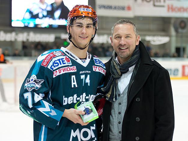 Spieler des Abends, Daniel Oberkofler, Linz und Manager Christian Perthaler, EHC Liwest Black Wings Linz vs MOSER MEDICAL GRAZ99ers