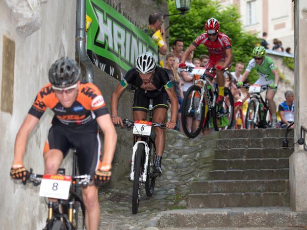 Die Spitze in Steyr Eliterennen, v.l.  Sieger Robert Kircher, 2.Platz Wolfgang Krenn, 3. Dominik Hrinkow