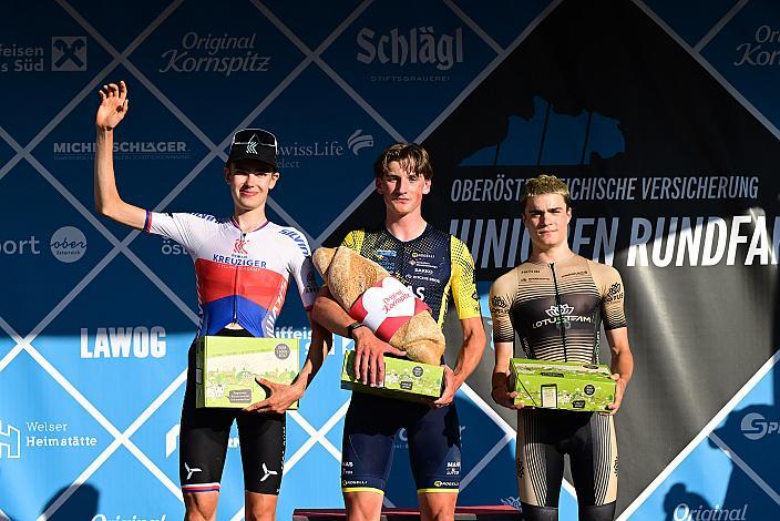 Podest 2. Platz Marek Stiblik (CZE, Roman Kreuziger Academy), Etappensieger Loek Hovers (NED, Willebrord Wil Vooruit), 3. Platz Marko Cickaric (SRB, Lotus Team),  (2. Etappe,  51. Int. Oberösterreich Junioren Rundfahrt, Eberstalzell - Eberstalzell
