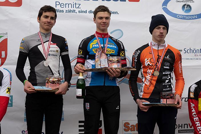 2. Platz Alexander Hammele (AUT, RSC Raika Krug Miemming), Sieger Junioren Moritz Doppelbauer (AUT, RC Arbö Wels), 3. Platz  Christoph Holzer (AUT, TSV BIKE TOTAL Hartberg), Rad Cyclo Cross, ÖSTM/ÖM Querfeldein Quer durch das Stadion